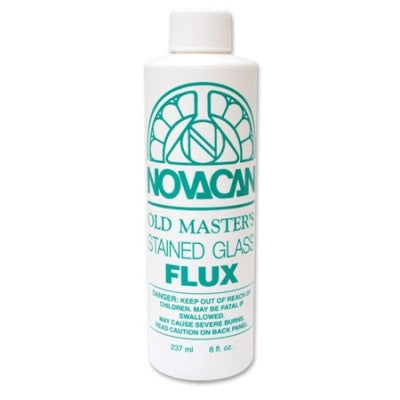 A white plastic bottle of Novacan Old Master's Stained Glass Flux with green text and logo, shown against a plain white background.