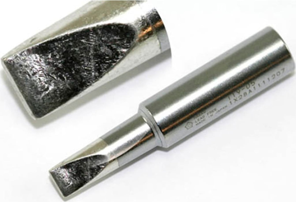 A silver metal flathead screwdriver bit with a polished cylindrical handle, shown alongside its matching textured metal head on a white background.