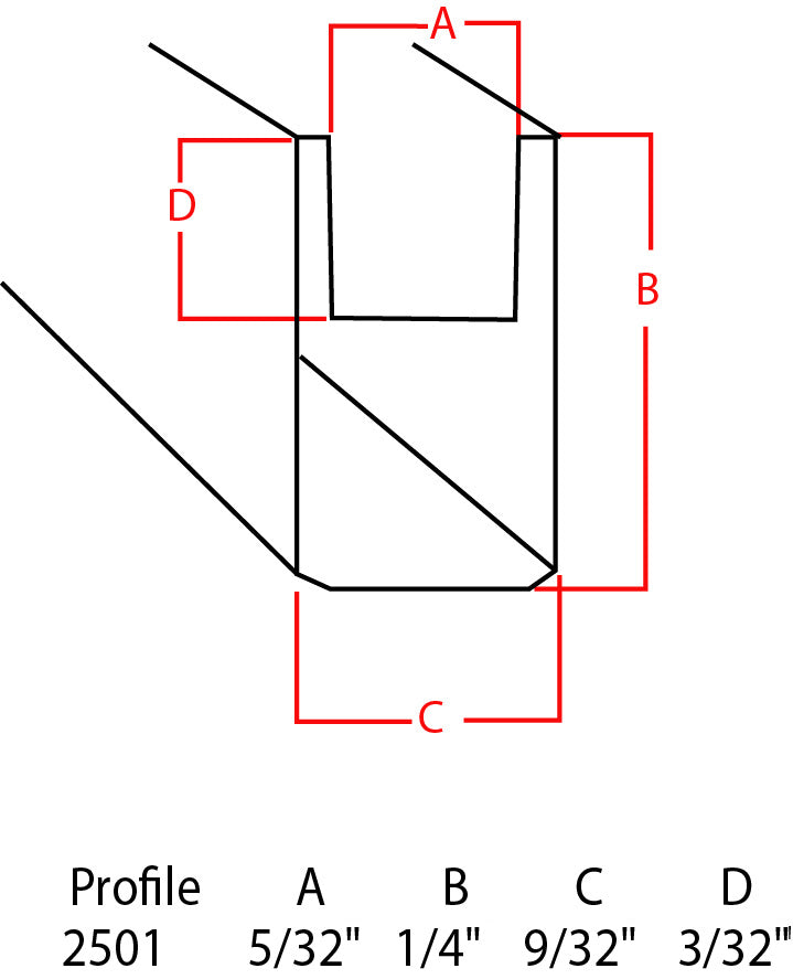 Technical profile measurement diagram for a channel-like profile, with red dimension lines labeled A, B, C, and D and a bottom table listing Profile 2501 and the measurements.
