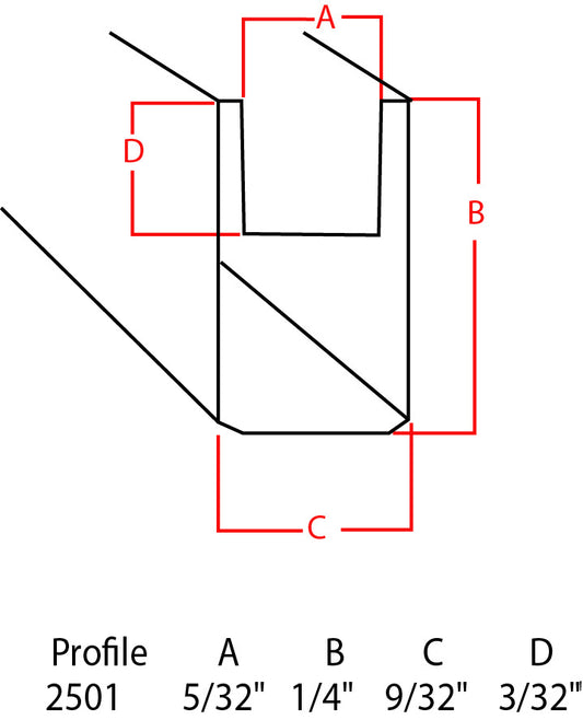Technical profile measurement diagram for a channel-like profile, with red dimension lines labeled A, B, C, and D and a bottom table listing Profile 2501 and the measurements.