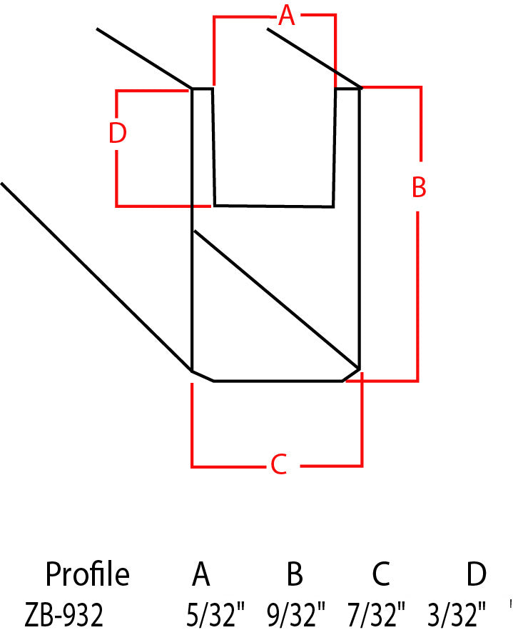 Technical dimension diagram of a profile section labeled A, B, C, and D with red measurement lines and a bottom row reading Profile A B C D and Profile ZB-932.