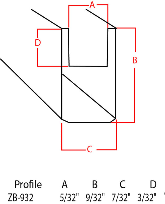 Technical dimension diagram of a profile section labeled A, B, C, and D with red measurement lines and a bottom row reading Profile A B C D and Profile ZB-932.