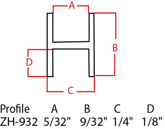 A technical dimension diagram of an H-shaped profile, labeled with red lines and letters A, B, C, and D, with a text row below specifying measurements for profile ZH-932.