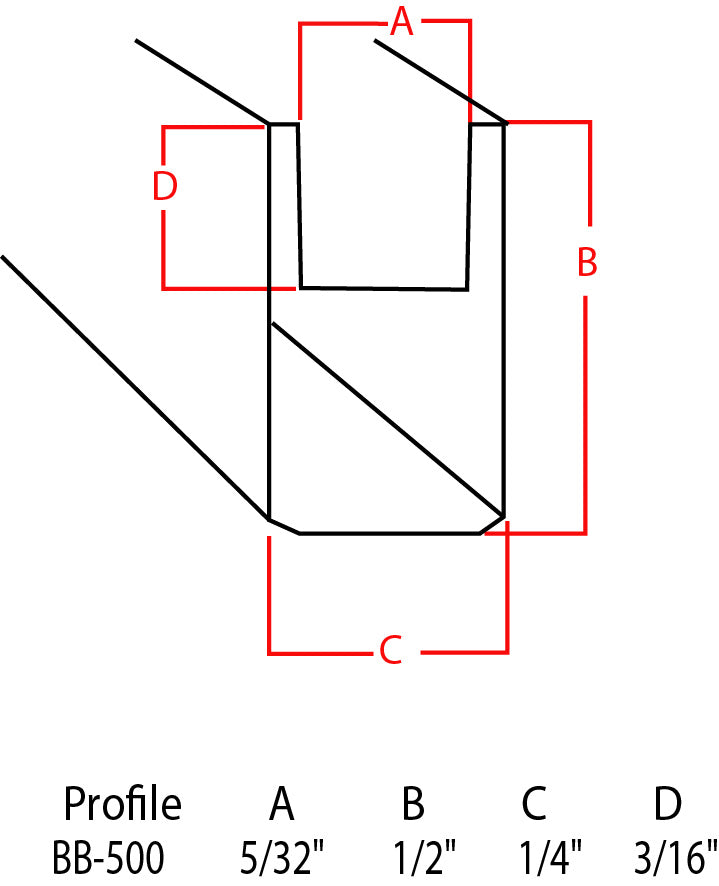 Technical dimension diagram of a profile section labeled BB-500, with red measurement lines and letters A, B, C, and D on a white background, plus a size table at the bottom.
