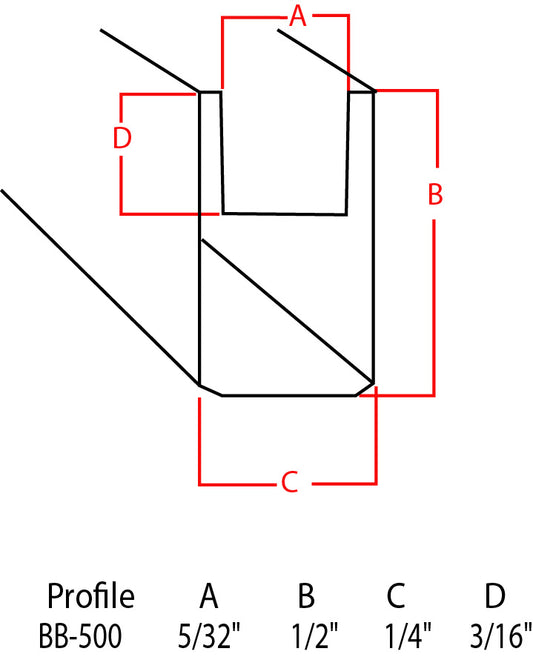 Technical dimension diagram of a profile section labeled BB-500, with red measurement lines and letters A, B, C, and D on a white background, plus a size table at the bottom.