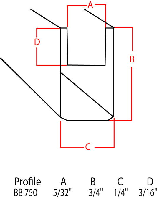 Technical profile measurement diagram for a BB 750 profile, showing labeled dimensions A, B, C, and D with a size row at the bottom reading Profile BB 750, 5/32, 3/4, 1/4, 3/16.