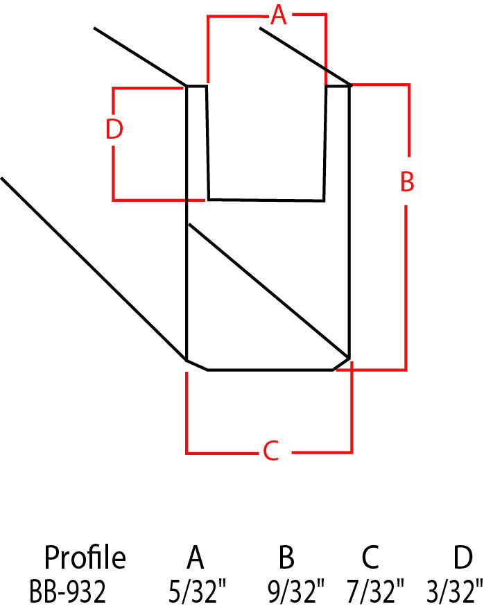 Technical dimension diagram of a profile shape labeled BB-932, with red measurement lines and lettered dimensions A, B, C, and D, plus a size row at the bottom showing profile and dimension values.