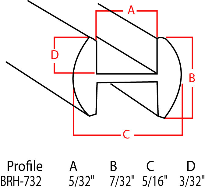 Technical dimension diagram of a lens profile with red measurement lines and labels A, B, C, and D, plus text reading Profile BRH-732 and size values at the bottom on a white background.