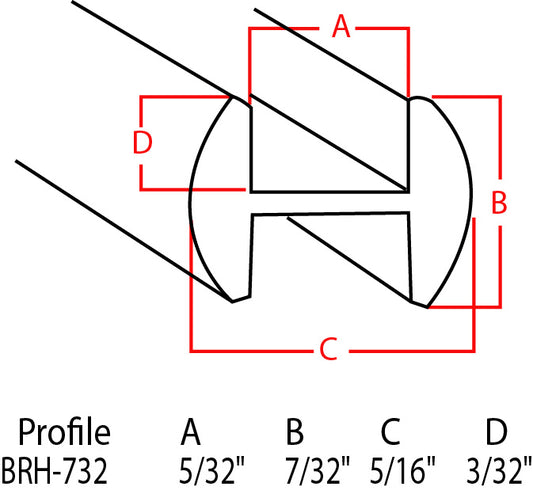Technical dimension diagram of a lens profile with red measurement lines and labels A, B, C, and D, plus text reading Profile BRH-732 and size values at the bottom on a white background.