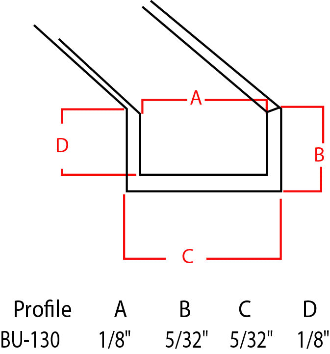 Technical dimension diagram of a square channel or U-profile section with red measurement lines labeled A, B, C, and D, plus a profile table at the bottom reading Profile BU-130 and the dimensions for A through D.