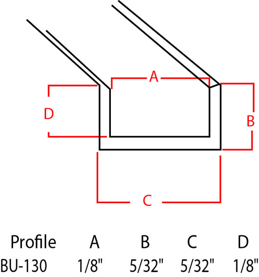 Technical dimension diagram of a square channel or U-profile section with red measurement lines labeled A, B, C, and D, plus a profile table at the bottom reading Profile BU-130 and the dimensions for A through D.