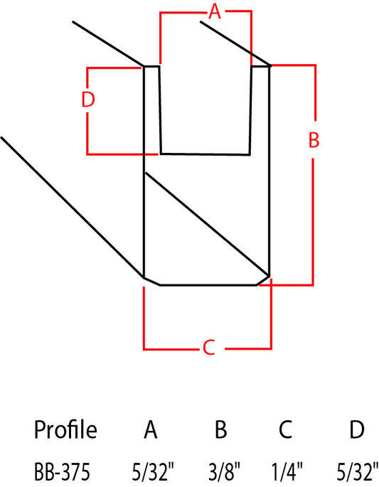Technical profile diagram with red dimension lines labeled A, B, C, and D on a white background, plus a table at the bottom reading Profile BB-375 with measurements 5/32", 3/8", 1/4", and 5/32".