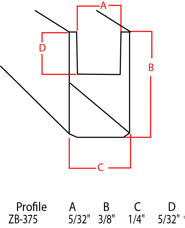 Technical profile measurement diagram for a channel-like shape, labeled with red dimension lines A, B, C, and D, with text at the bottom reading 'Profile ZB-375' and measurements for each dimension.