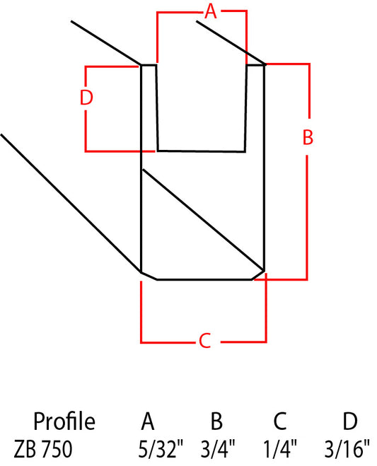 Technical profile measurement diagram for a channel-like shape, labeled with red dimension lines A, B, C, and D, with text at the bottom reading 'Profile ZB-375' and measurements for each dimension.