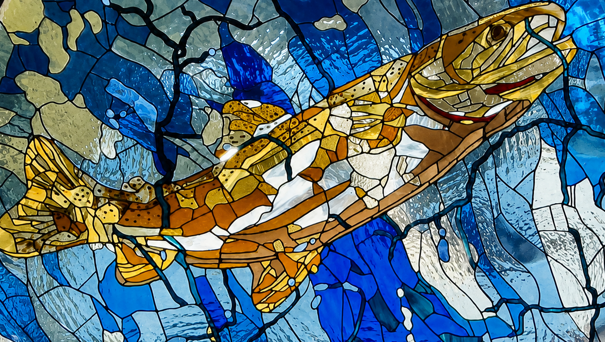 Stained glass artwork depicting a large golden fish swimming over a blue and white icy or water-like background, with black lead lines separating colored glass panels.